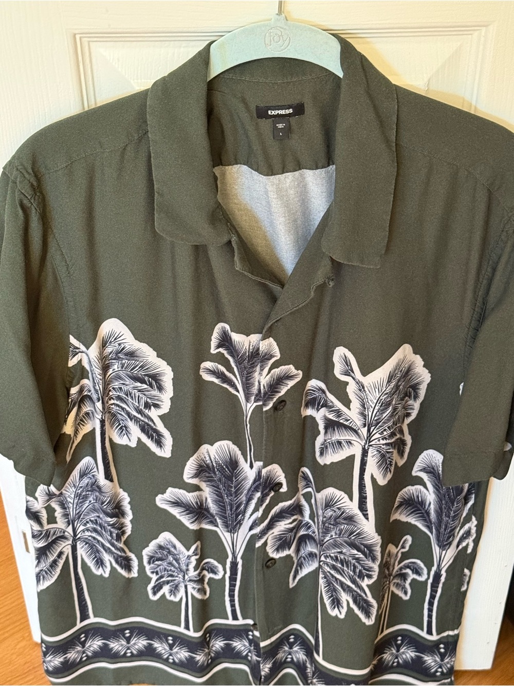 Express Men’s Large Hawaiian Camp Shirt | Olive Green Palm Tree Print